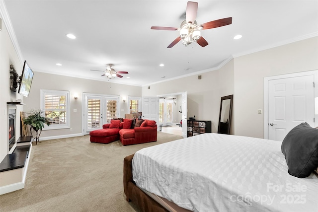 5418 Commodore Pl, Clover, SC 29710 - bedroom featuring french doors, access to exterior, recessed lighting, light colored carpet, and crown molding
