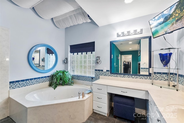 5418 Commodore Pl, Clover, SC 29710 - full bathroom featuring a jetted tub, vanity, backsplash, and tile patterned flooring