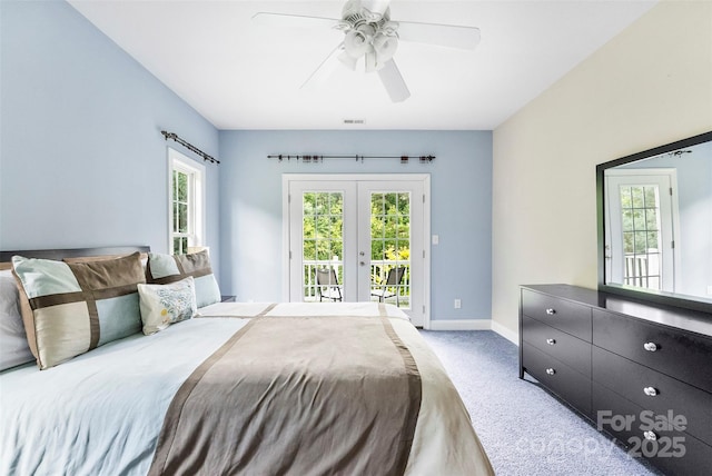 5418 Commodore Pl, Clover, SC 29710 - bedroom featuring access to outside, light carpet, baseboards, french doors, and ceiling fan