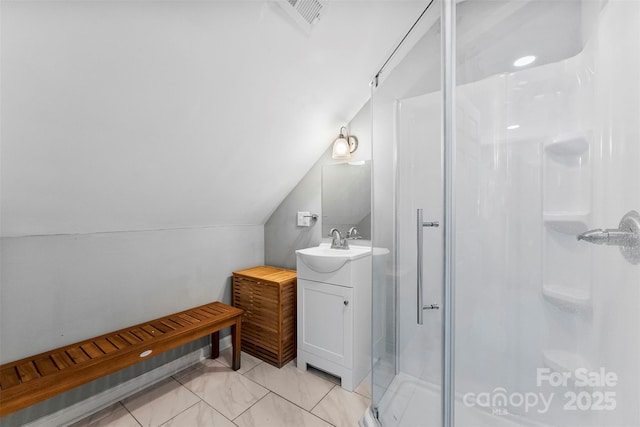 5418 Commodore Pl, Clover, SC 29710 - full bath featuring lofted ceiling, a shower stall, and vanity