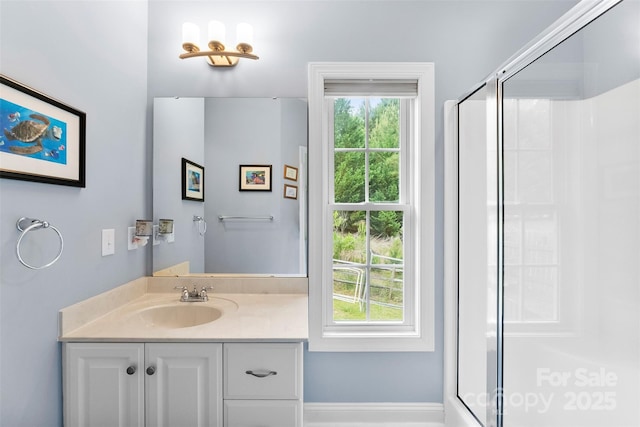 5418 Commodore Pl, Clover, SC 29710 - bathroom featuring a shower stall, vanity, and baseboards