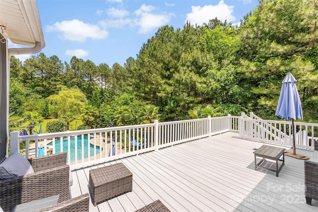 5418 Commodore Pl, Clover, SC 29710 - wooden terrace featuring an outdoor pool and view of scattered trees