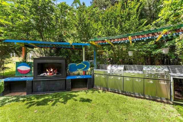 5418 Commodore Pl, Clover, SC 29710 - view of grassy yard featuring beverage cooler and a warm lit fireplace