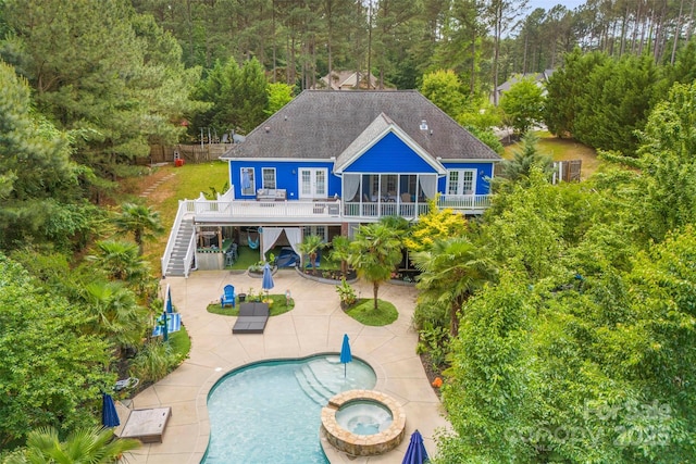 5418 Commodore Pl, Clover, SC 29710 - rear view of property featuring stairway, a patio, french doors, roof with shingles, and a pool with connected hot tub
