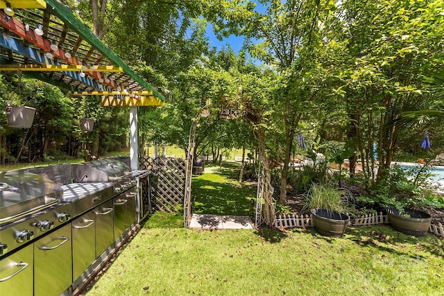 5418 Commodore Pl, Clover, SC 29710 - view of grassy yard featuring an outdoor kitchen and a pergola