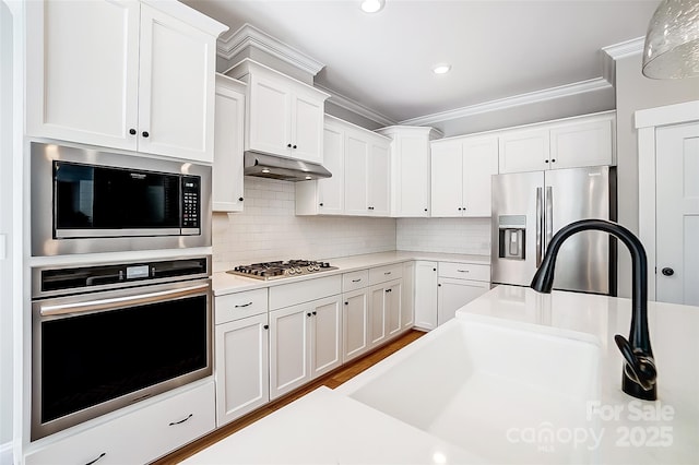 4116 Spring Cove Way, Belmont, NC 28012 - kitchen featuring appliances with stainless steel finishes, under cabinet range hood, light countertops, a sink, and white cabinetry