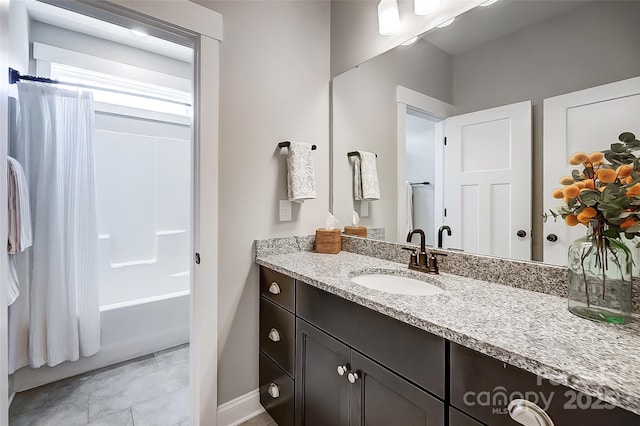 4116 Spring Cove Way, Belmont, NC 28012 - bathroom featuring vanity, baseboards, shower / tub combo with curtain, and tile patterned flooring