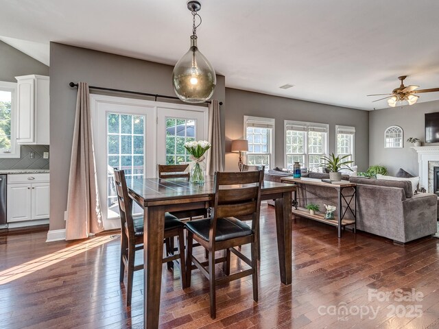dining room with dark wood-style floors, plenty of natural light, a ceiling fan, and a fireplace