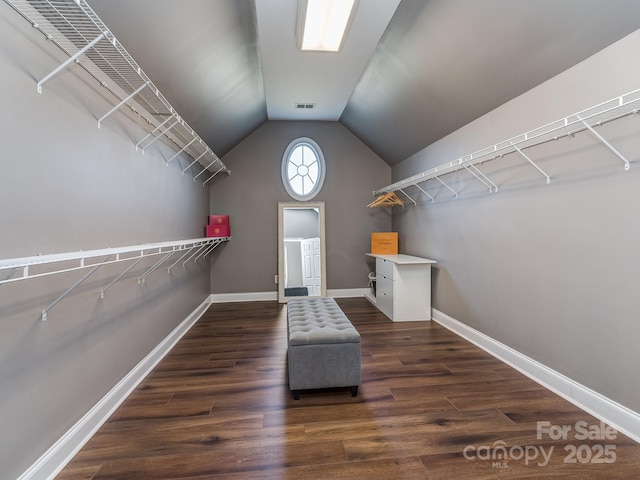 spacious closet featuring wood finished floors and lofted ceiling