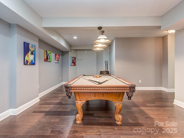 playroom with baseboards, wood finished floors, recessed lighting, and pool table