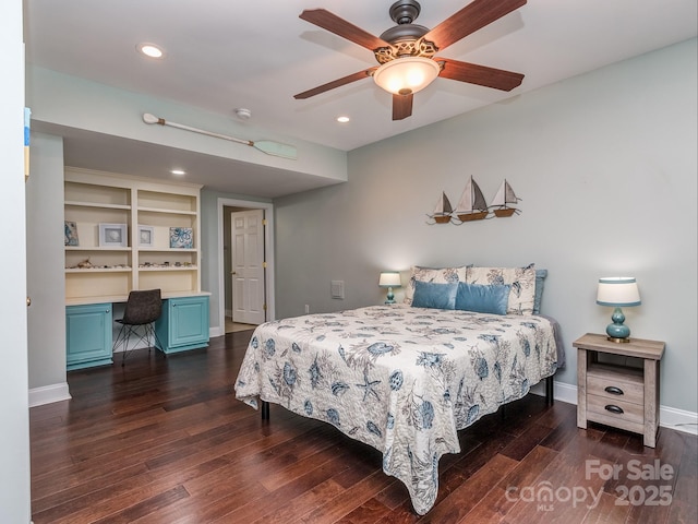 bedroom with dark wood-type flooring, recessed lighting, baseboards, and ceiling fan
