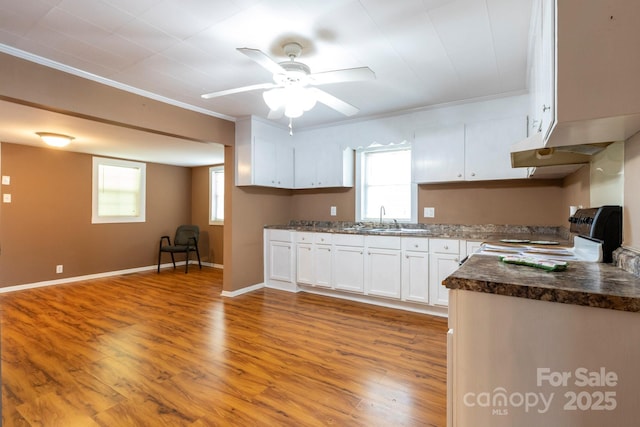 205 Stowe Acres Rd, Kings Mountain, NC 28086 - kitchen featuring a sink, electric stove, white cabinetry, light wood-style floors, and crown molding