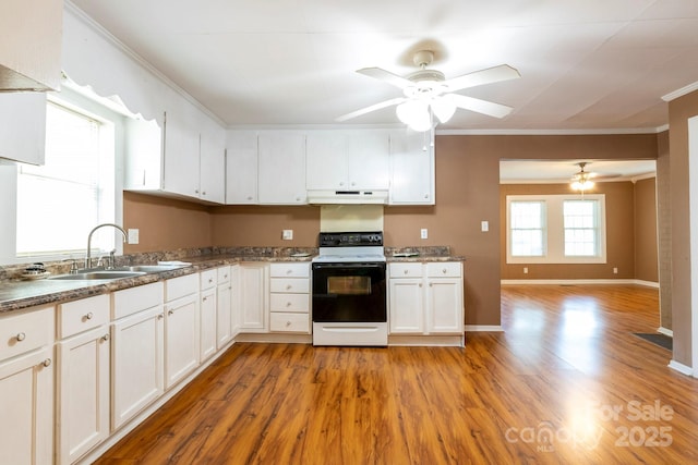 205 Stowe Acres Rd, Kings Mountain, NC 28086 - kitchen featuring range with electric stovetop, a sink, ceiling fan, ornamental molding, and light wood-type flooring