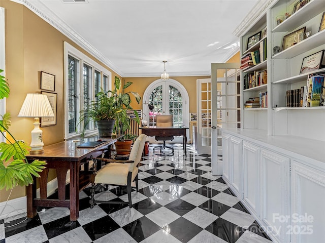 office with french doors, ornamental molding, and baseboards