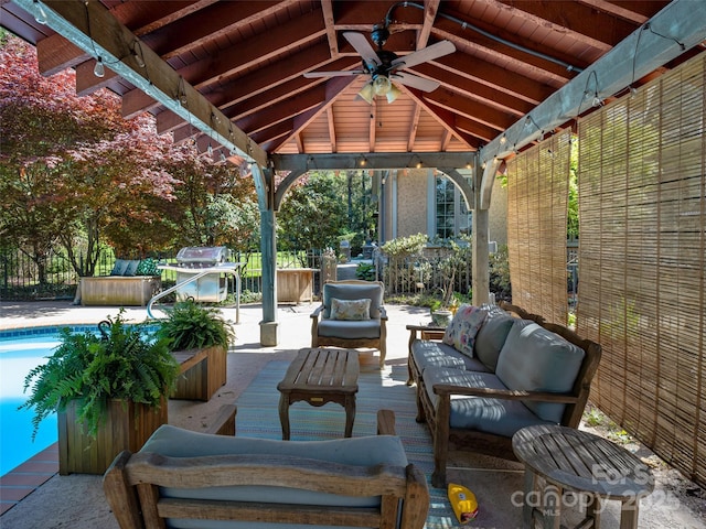 view of patio with a gazebo, a grill, a ceiling fan, outdoor lounge area, and an outdoor pool