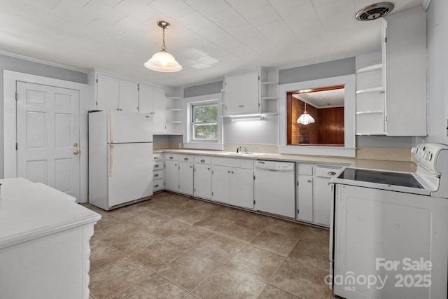 24501 Canton Rd, Albemarle, NC 28001 - kitchen featuring white appliances, open shelves, a sink, pendant lighting, and light countertops