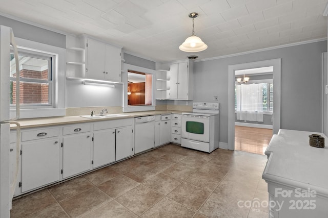 24501 Canton Rd, Albemarle, NC 28001 - kitchen featuring open shelves, white appliances, a sink, white cabinetry, and ornamental molding