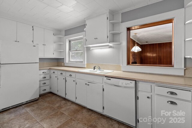 24501 Canton Rd, Albemarle, NC 28001 - kitchen with open shelves, white appliances, a sink, crown molding, and light countertops