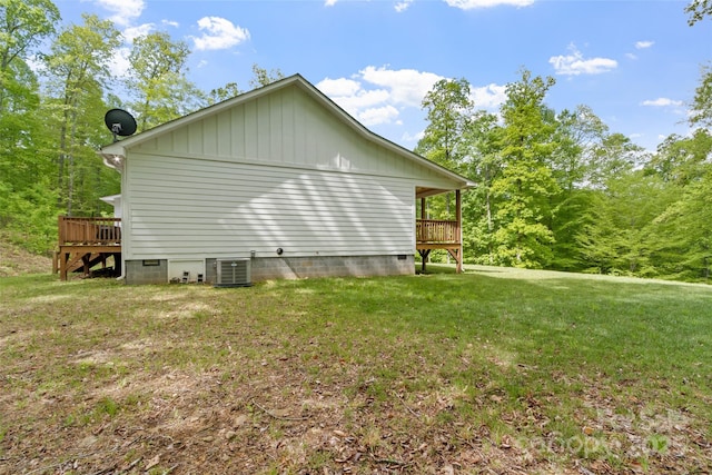 155 Pebble Ridge Rd, Spruce Pine, NC 28777 - view of home's exterior featuring a wooden deck, a lawn, central air condition unit, and crawl space