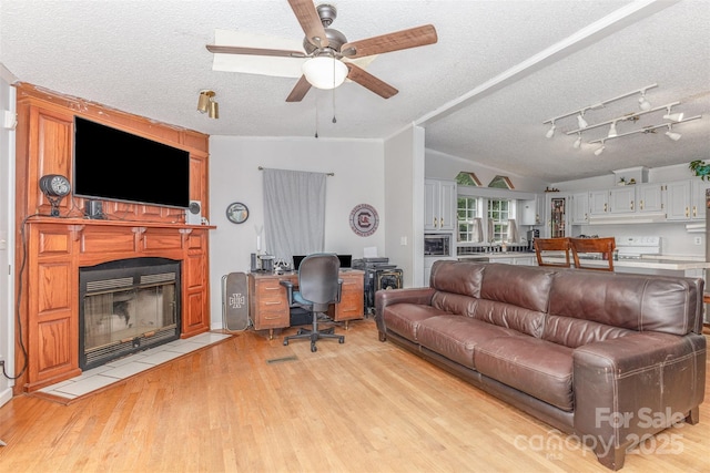 403 Carpenter Parker Ln, Rock Hill, SC 29730 - living area with a textured ceiling, light wood finished floors, vaulted ceiling, a fireplace, and ceiling fan
