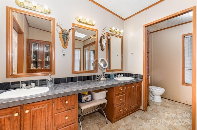 403 Carpenter Parker Ln, Rock Hill, SC 29730 - full bath featuring crown molding, double vanity, toilet, and a textured ceiling
