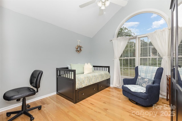 2906 Chapman Cir, Rock Hill, SC 29732 - bedroom with light wood-type flooring, baseboards, ceiling fan, and high vaulted ceiling
