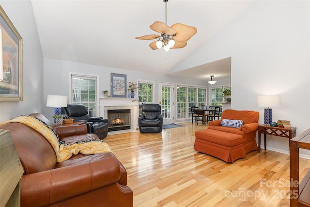 2906 Chapman Cir, Rock Hill, SC 29732 - living area with wood finished floors, a fireplace with flush hearth, ceiling fan, high vaulted ceiling, and baseboards