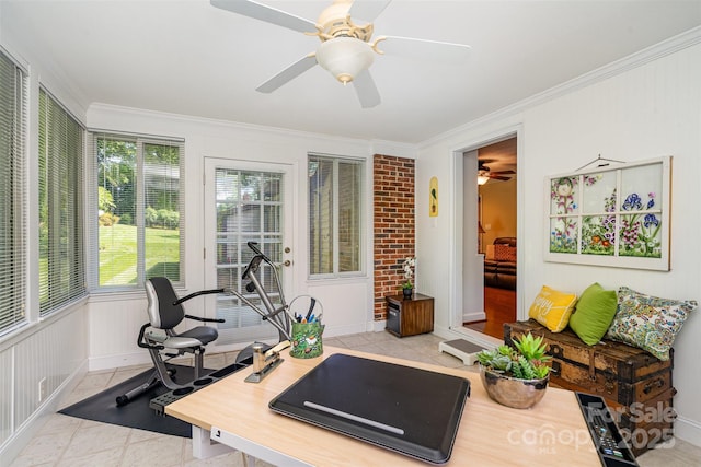 exercise room with crown molding and ceiling fan