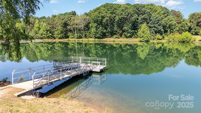 dock featuring a water view and a wooded view