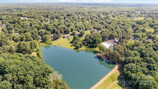 aerial view of a large body of water and a heavily wooded area