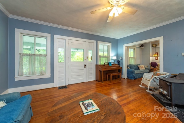 223 Assembly Dr, Montreat, NC 28757 - living room featuring wood-type flooring, crown molding, and a ceiling fan