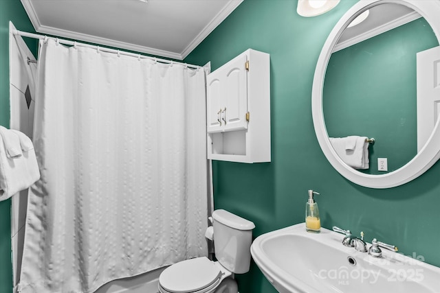 147 Bluewing Ln Unit 274, Mooresville, NC 28117 - full bathroom with toilet, ornamental molding, a sink, and a shower with shower curtain