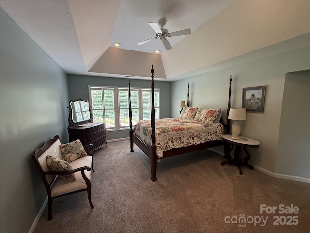 357 Lentz Landing Ln, Nebo, NC 28761 - carpeted bedroom with a tray ceiling, a ceiling fan, and recessed lighting