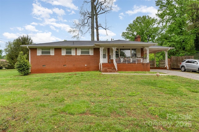 view of front of property with crawl space, covered porch, a chimney, brick siding, and concrete driveway