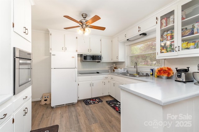 kitchen featuring appliances with stainless steel finishes, light wood-style flooring, ceiling fan, a sink, and light countertops