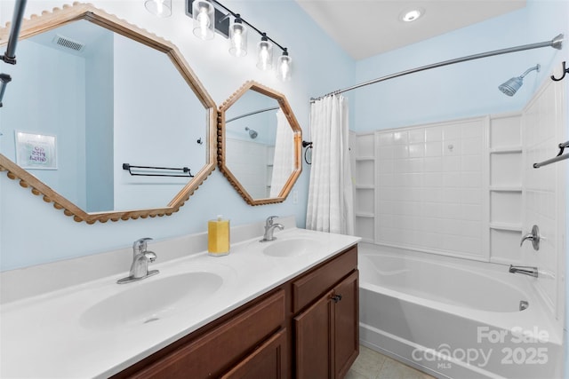 2485 Shanklin Ln, Denver, NC 28037 - full bath featuring shower / bath combo with shower curtain, double vanity, and tile patterned floors