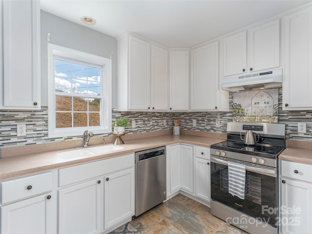 2600 Crabtree Rd, Waynesville, NC 28785 - kitchen featuring appliances with stainless steel finishes, under cabinet range hood, a sink, and backsplash