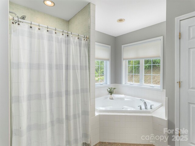 2600 Crabtree Rd, Waynesville, NC 28785 - full bath featuring a garden tub, a shower with shower curtain, and recessed lighting