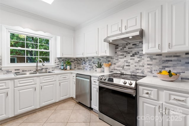 kitchen with under cabinet range hood, appliances with stainless steel finishes, a sink, ornamental molding, and backsplash