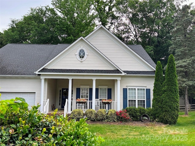 neoclassical / greek revival house with covered porch, an attached garage, a shingled roof, and a front lawn