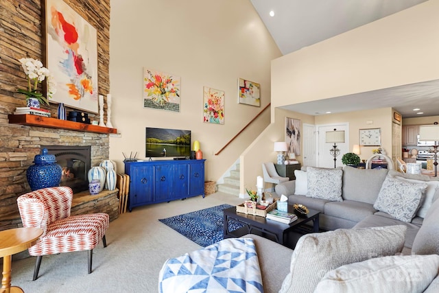 143 Wildflower Ln, Sugar Mountain, NC 28604 - living room featuring high vaulted ceiling, stairway, carpet, recessed lighting, and a fireplace