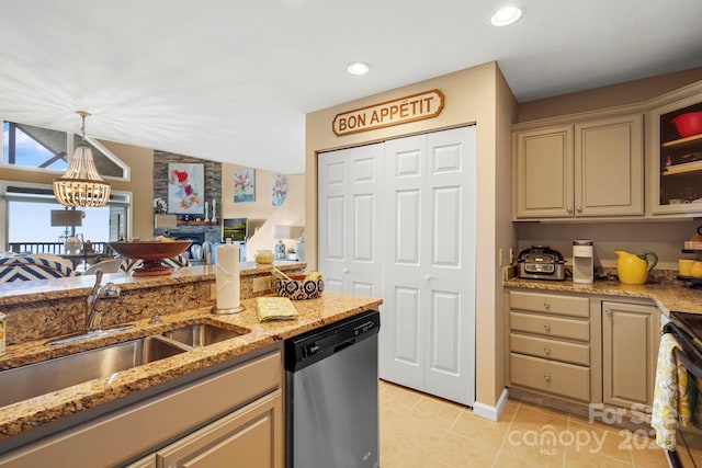 143 Wildflower Ln, Sugar Mountain, NC 28604 - kitchen with dishwasher, a sink, light tile patterned floors, light stone countertops, and pendant lighting