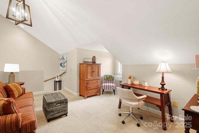 143 Wildflower Ln, Sugar Mountain, NC 28604 - home office with lofted ceiling, light carpet, and baseboards