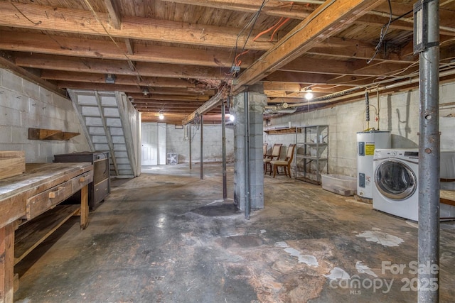 3614 Frank Whisnant Rd, Morganton, NC 28655 - unfinished below grade area featuring electric water heater, washer / dryer, and concrete block wall