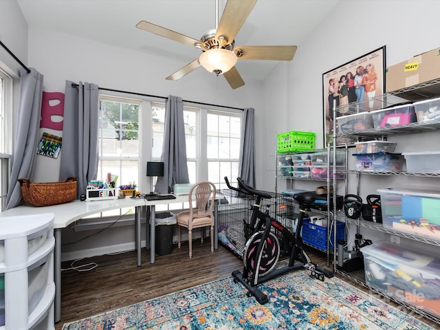 office space with wood finished floors and a ceiling fan