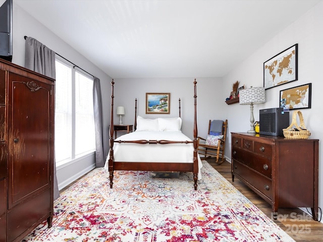 bedroom featuring multiple windows, wood finished floors, and baseboards