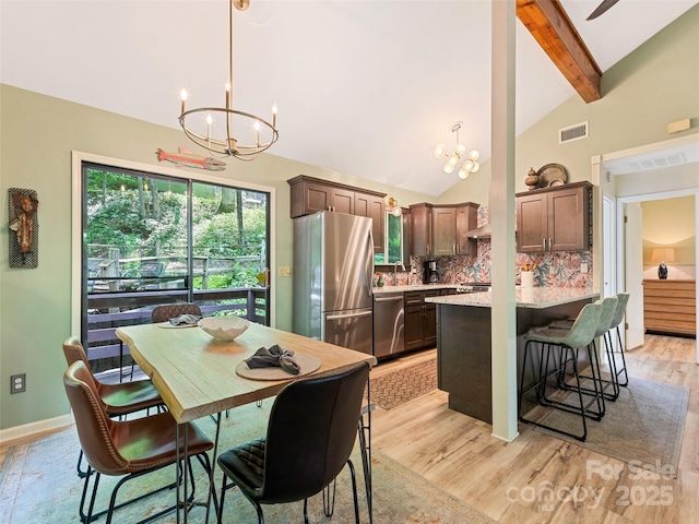 76 Shirley Dr, Maggie Valley, NC 28751 - dining room featuring a chandelier, light wood-style flooring, beamed ceiling, and high vaulted ceiling