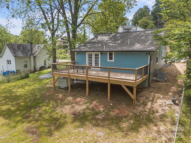 11 Mountain View Anx, Old Fort, NC 28762 - back of property featuring french doors, a deck, central air condition unit, a shingled roof, and a lawn