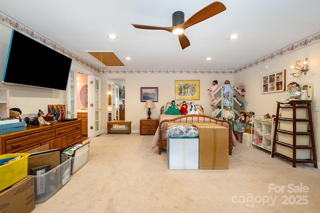 907 Sikes Mill Rd, Monroe, NC 28110 - bedroom featuring light colored carpet, recessed lighting, a ceiling fan, and ornamental molding