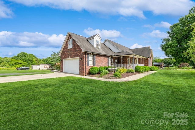 8520 Wright Rd, Kannapolis, NC 28081 - cape cod house featuring covered porch, brick siding, concrete driveway, a front lawn, and a garage